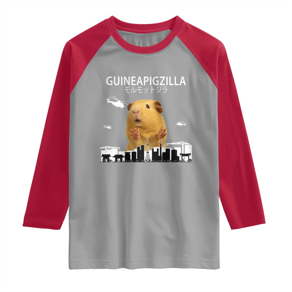 Funny Giant Guinea Pig Monster Roaring Tokyo Japan Raglan Shirt Guineapigzilla - Wonder Print Shop