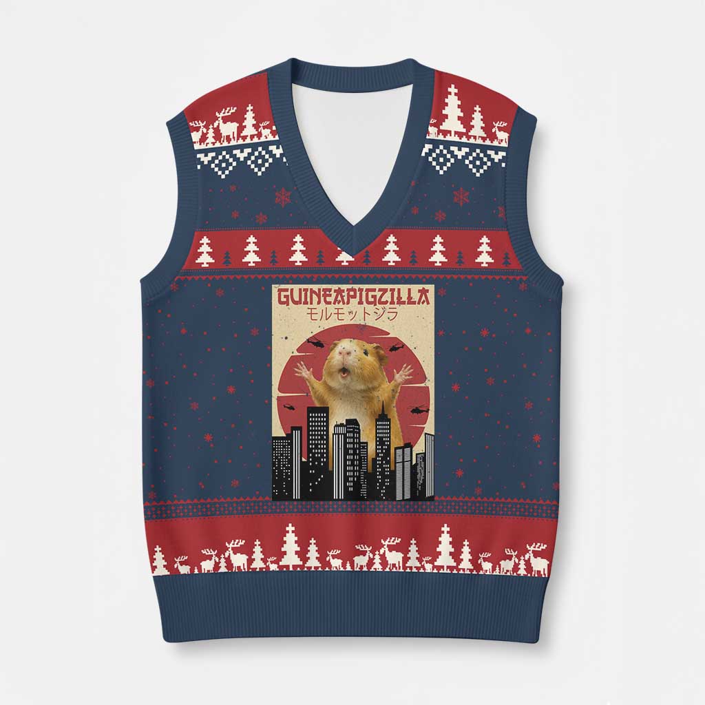 Guineapigzilla Giant V-Neck Knit Sweater Vest Funny Guinea Pig Monster Tokyo Japan Gift - Wonder Print Shop