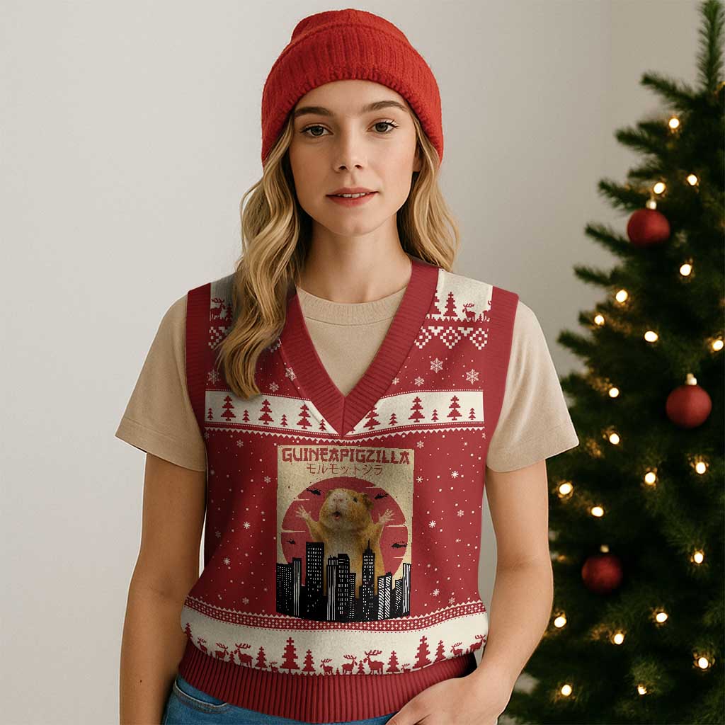 Guineapigzilla Giant V-Neck Knit Sweater Vest Funny Guinea Pig Monster Tokyo Japan Gift - Wonder Print Shop