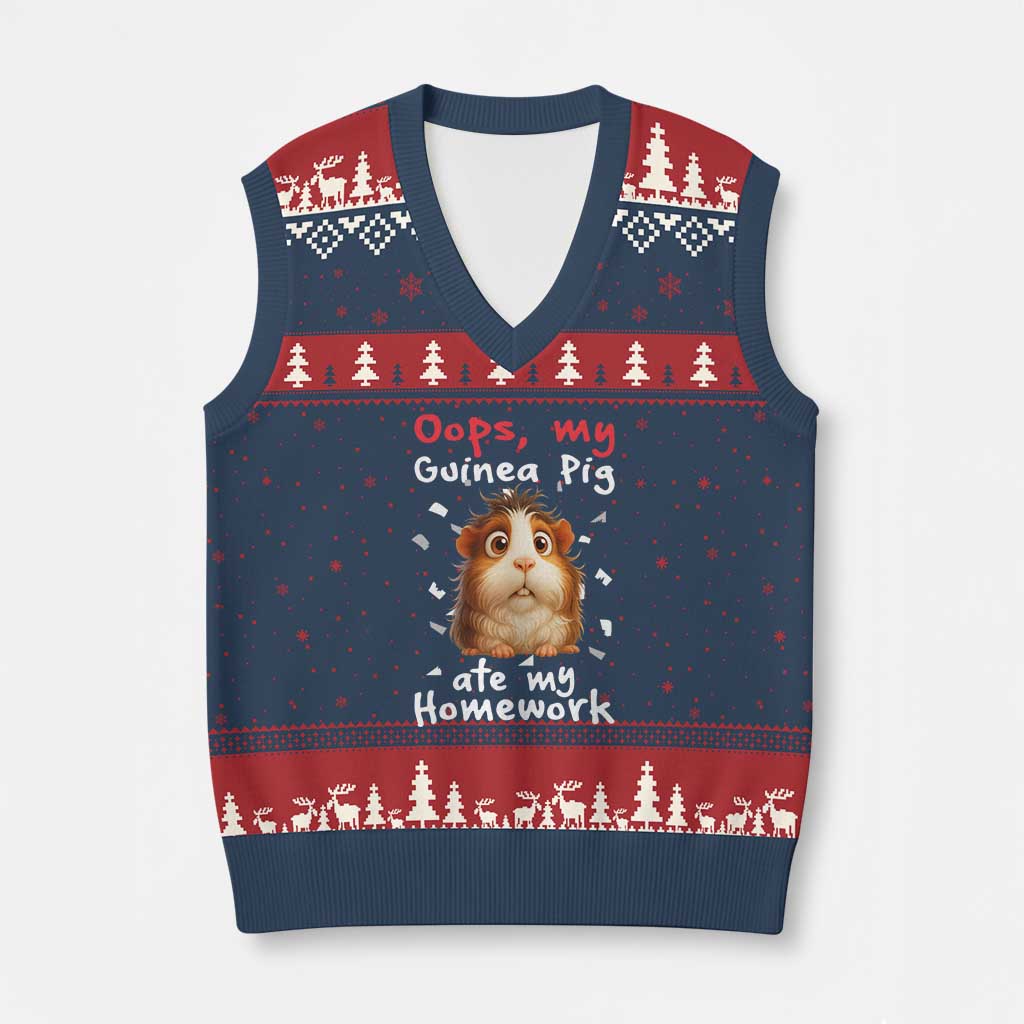 Oops My Guinea Pig Ate My Homework V-Neck Knit Sweater Vest Funny Cavy Lover Gift - Wonder Print Shop