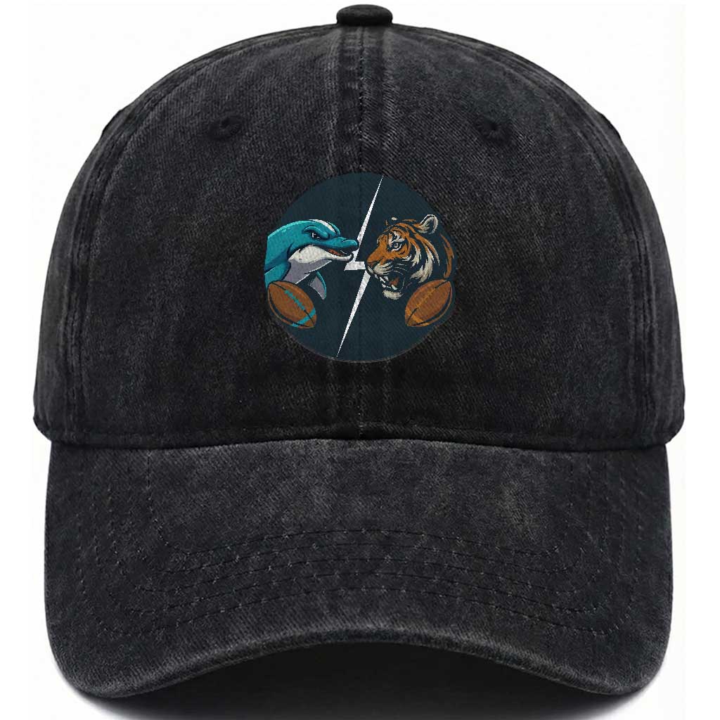 Funny Tiger Vs Dolphin Rivalry Washed Cotton Baseball Cap Gift For FB Hardcore Fan