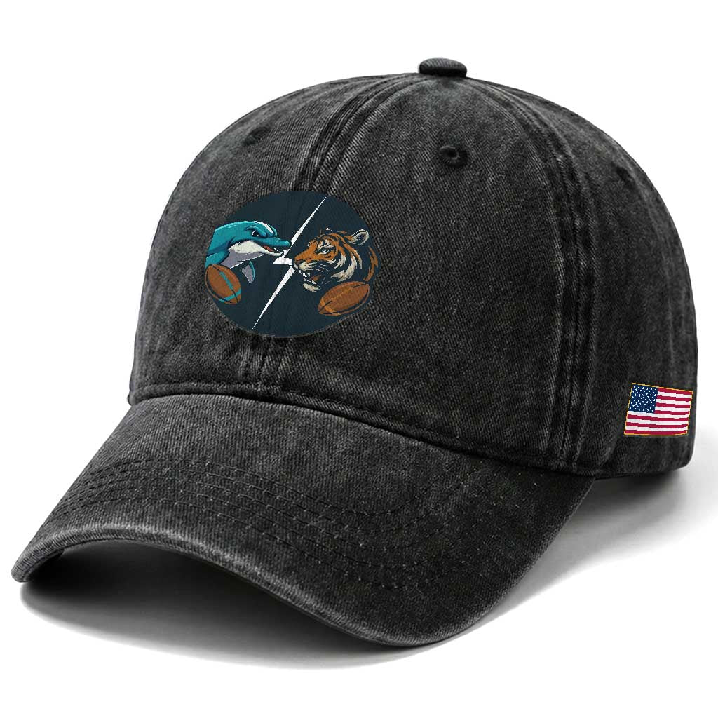 Funny Tiger Vs Dolphin Rivalry Washed Cotton Baseball Cap Gift For FB Hardcore Fan