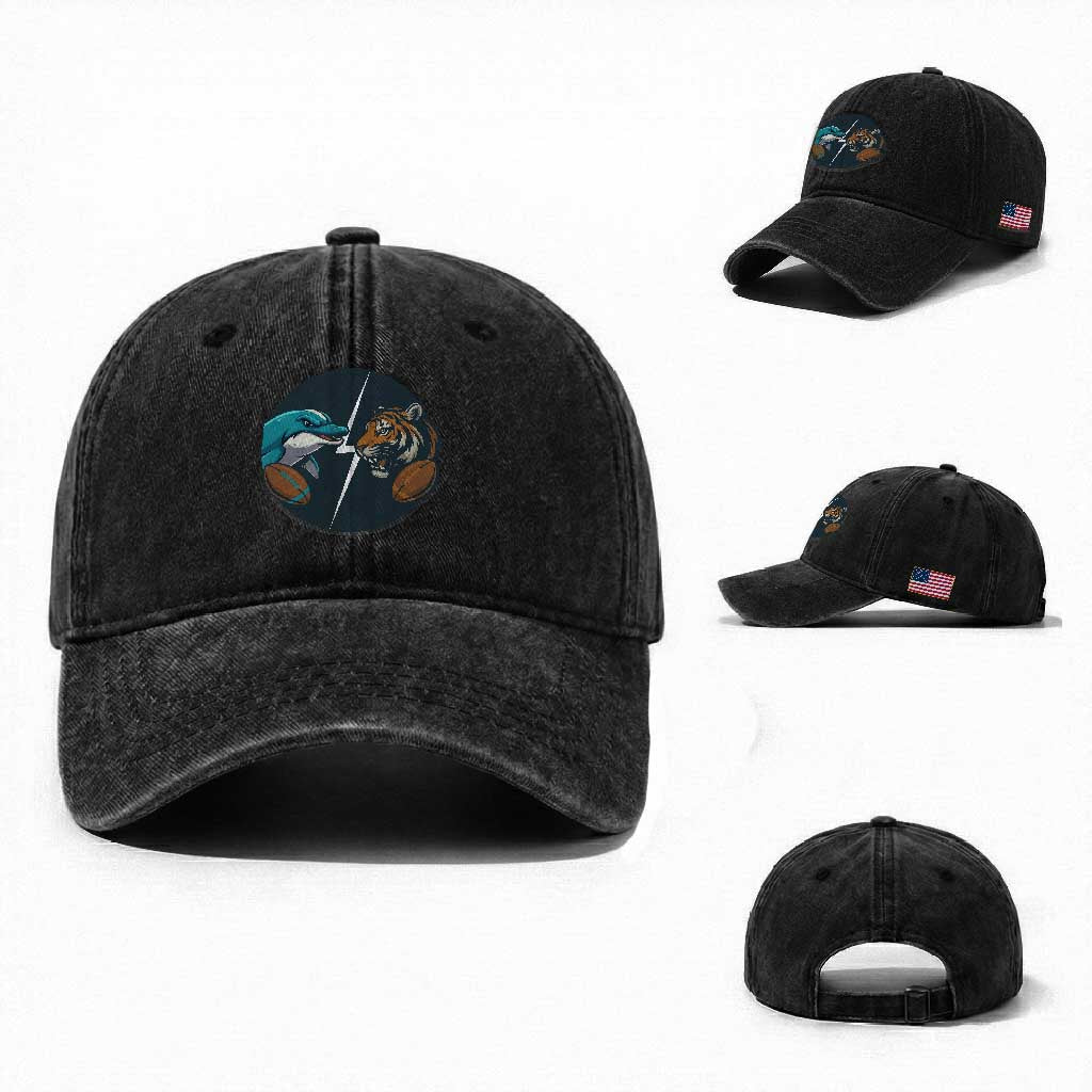 Funny Tiger Vs Dolphin Rivalry Washed Cotton Baseball Cap Gift For FB Hardcore Fan