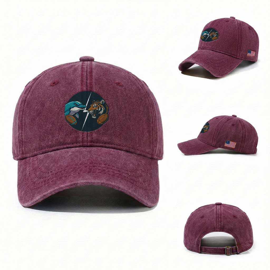 Funny Tiger Vs Dolphin Rivalry Washed Cotton Baseball Cap Gift For FB Hardcore Fan
