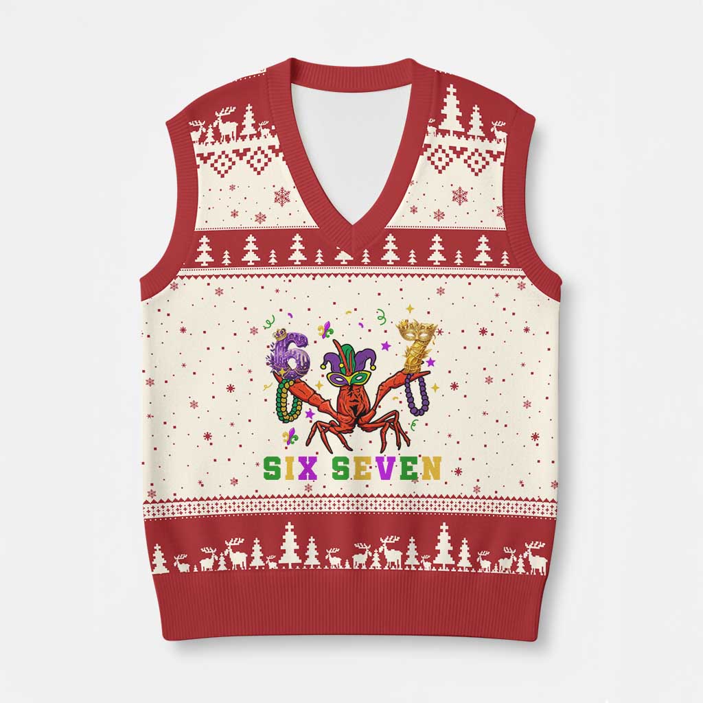 Funny 67 Crawfish Mardi Gras V-Neck Knit Sweater Vest Six Seven Meme