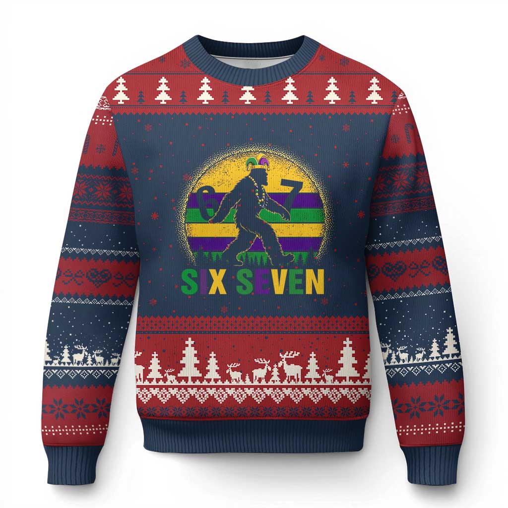 Funny Mardi Gras Bigfoot Ugly Christmas Sweater Six Seven Meme