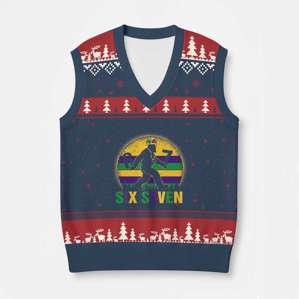 Funny Mardi Gras Bigfoot V-Neck Knit Sweater Vest Six Seven Meme