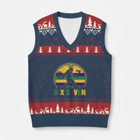 Funny Mardi Gras Bigfoot V-Neck Knit Sweater Vest Six Seven Meme
