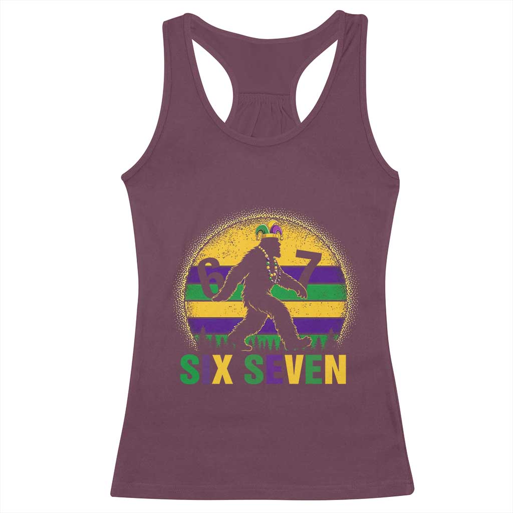 Funny Mardi Gras Bigfoot Racerback Tank Top Six Seven Meme