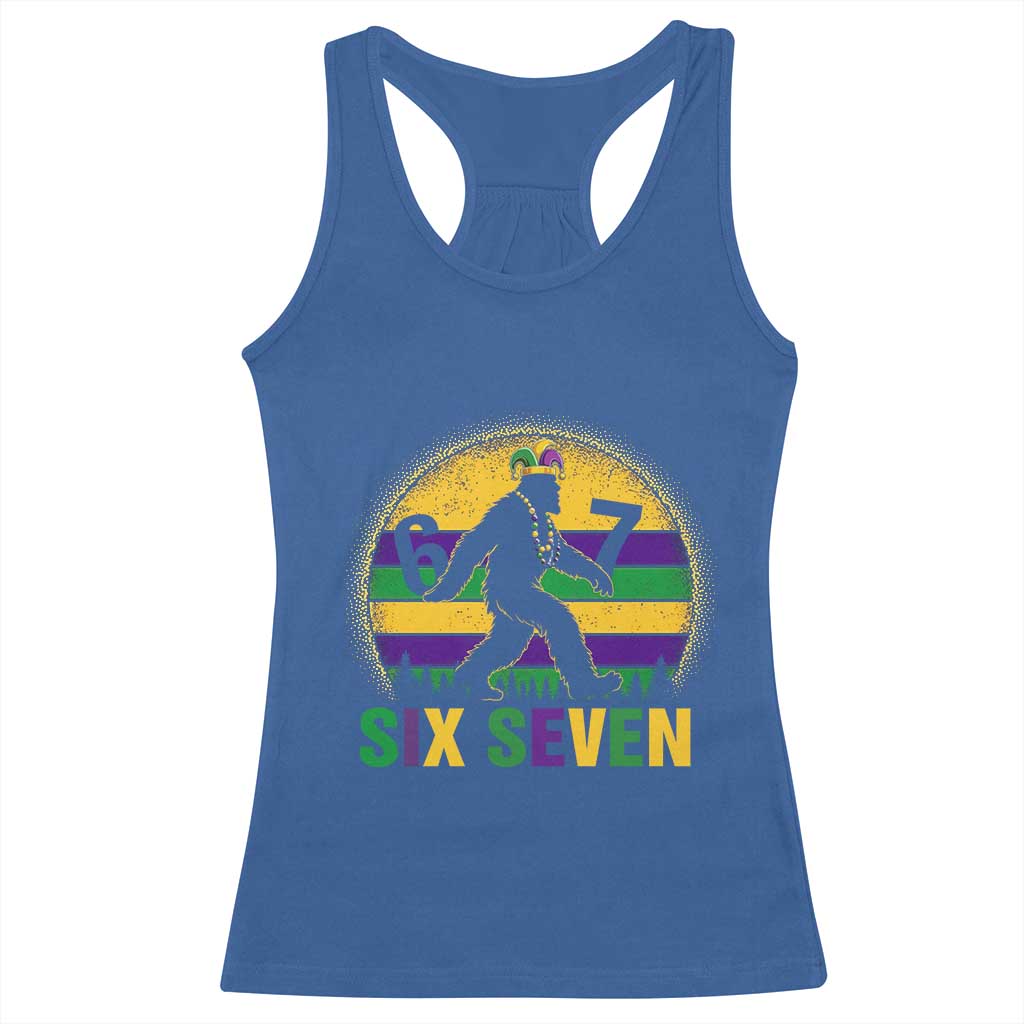 Funny Mardi Gras Bigfoot Racerback Tank Top Six Seven Meme