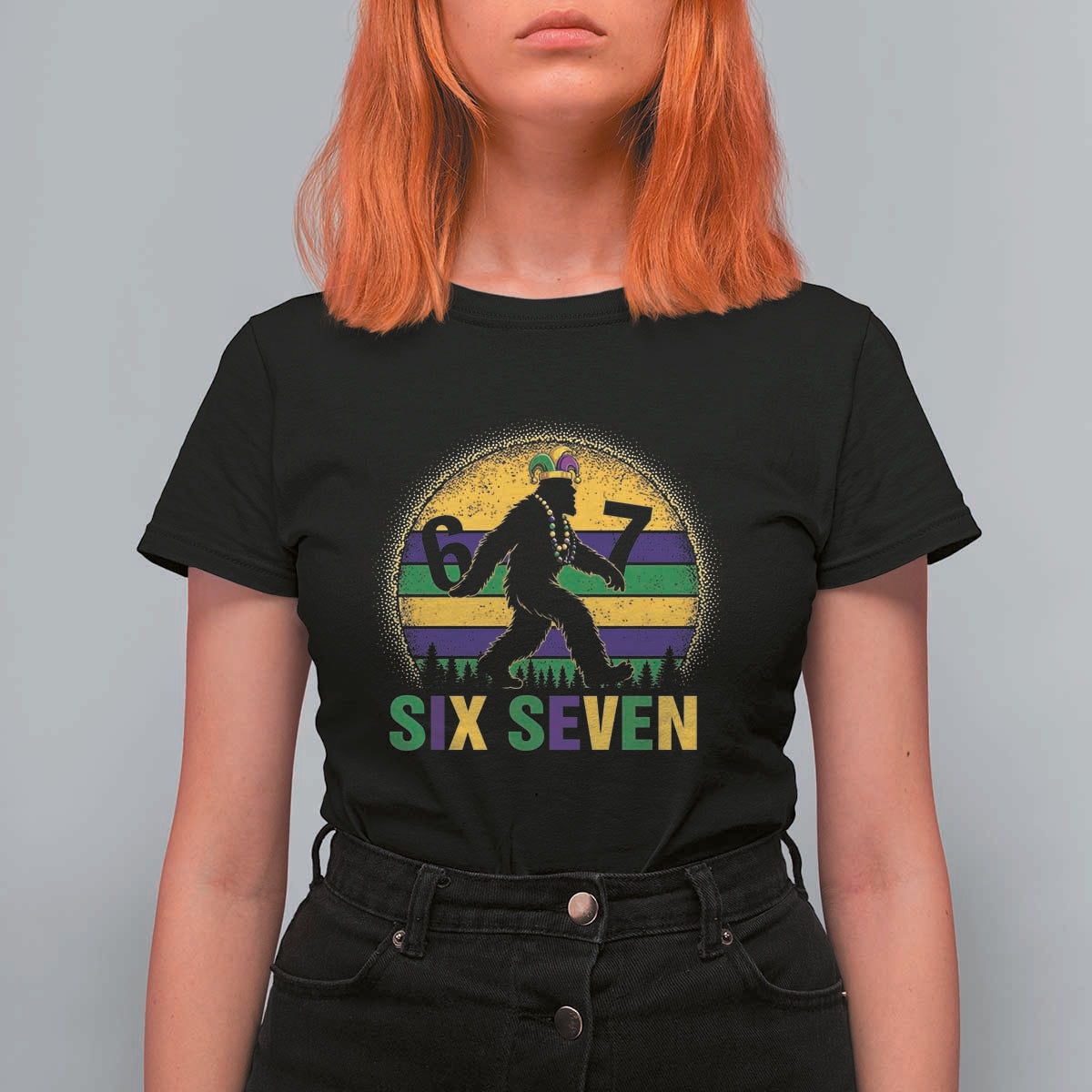 Funny Mardi Gras Bigfoot T Shirt For Women Six Seven Meme