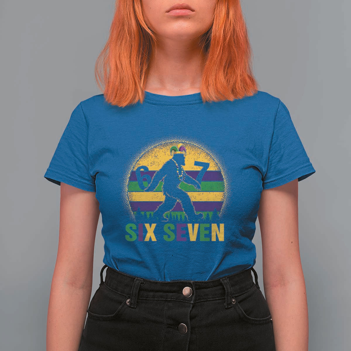 Funny Mardi Gras Bigfoot T Shirt For Women Six Seven Meme