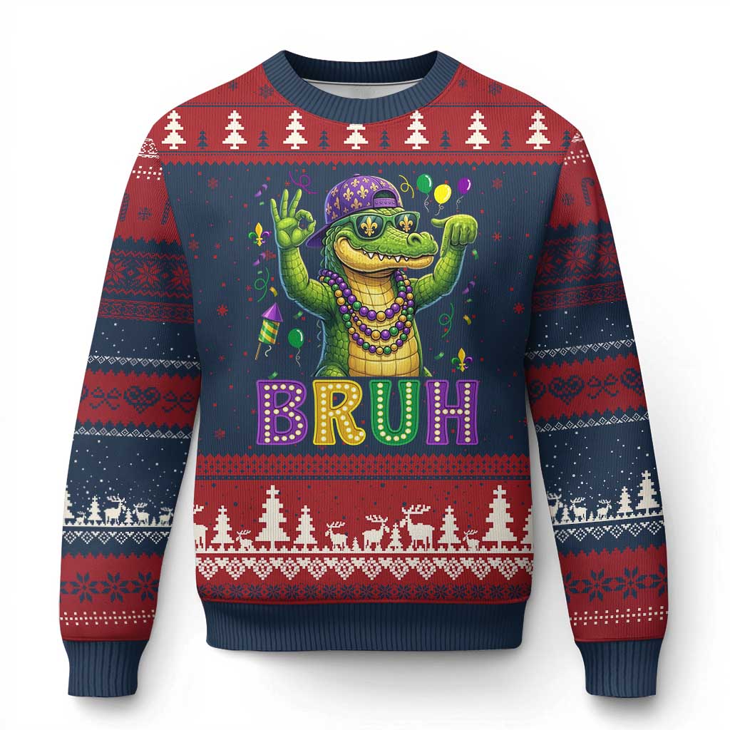 Mardi Gras Mardigator Alligator Six Seven Bruh Meme Ugly Christmas Sweater