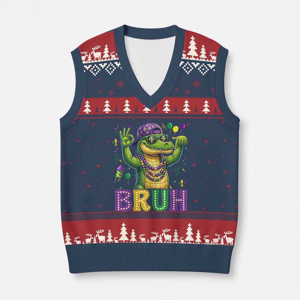Mardi Gras Mardigator Alligator Six Seven Bruh Meme V-Neck Knit Sweater Vest