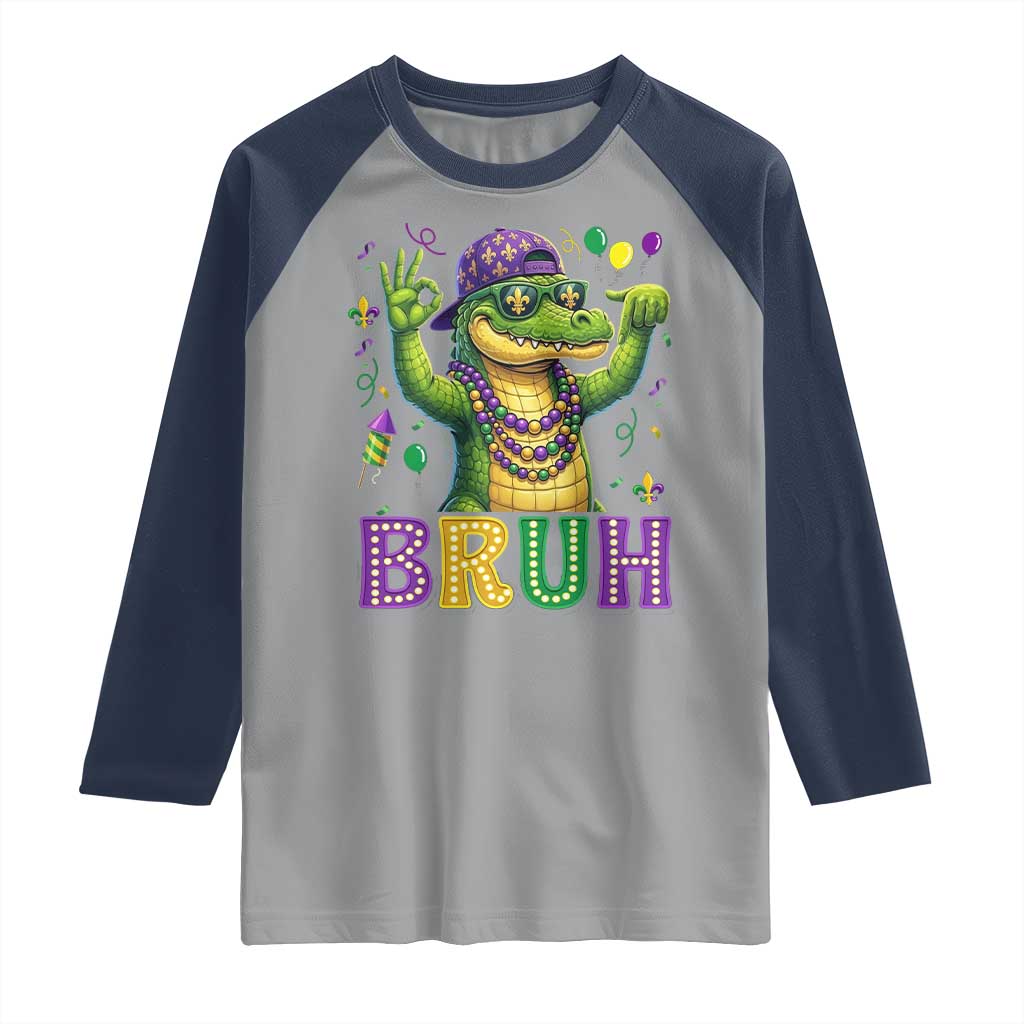 Mardi Gras Mardigator Alligator Six Seven Bruh Meme Raglan Shirt