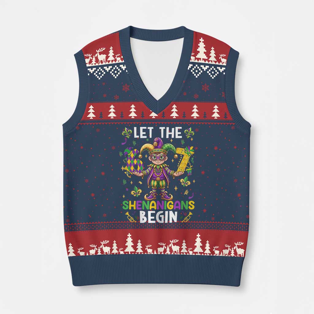 Let The 67 Shenanigans Begin V-Neck Knit Sweater Vest Six Seven Meme Mardi Gras
