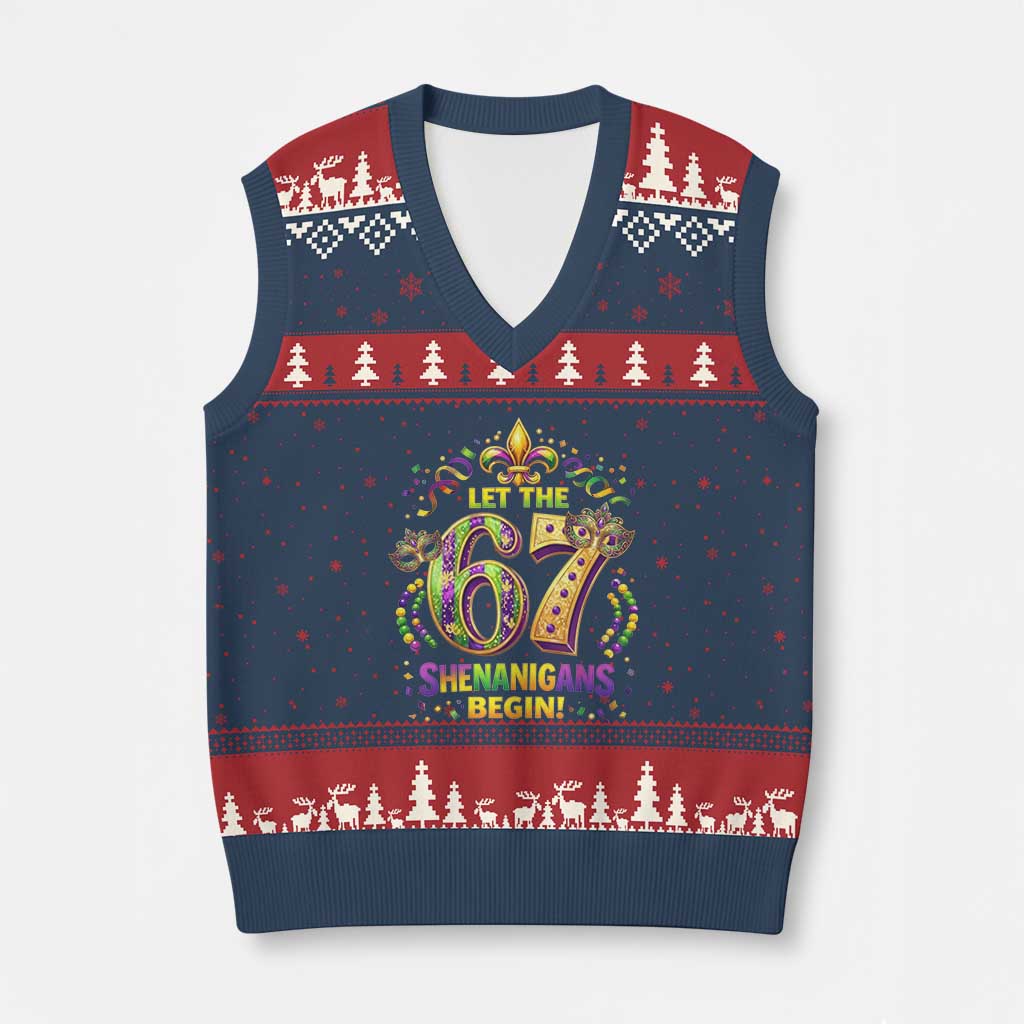 Mardi Gras Six Seven V-Neck Knit Sweater Vest Let The 67 Shenanigans Begin