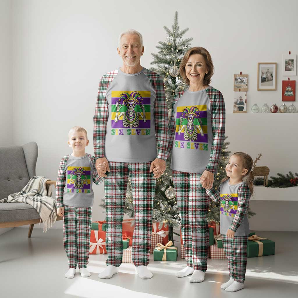 Funny Mardi Gras Skeleton Plaid Pajama Set Six Seven Meme