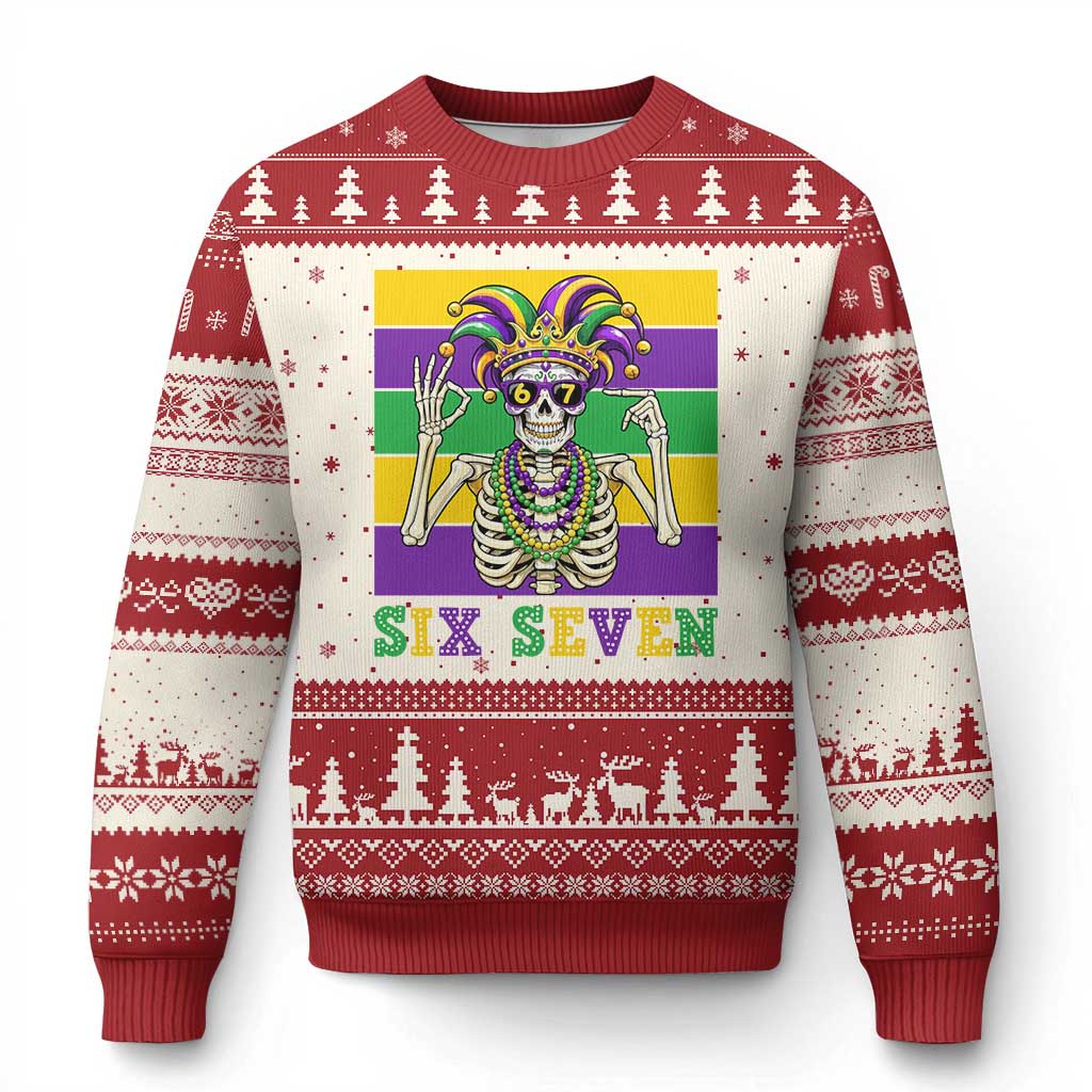Funny Mardi Gras Skeleton Ugly Christmas Sweater Six Seven Meme