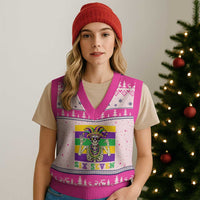 Funny Mardi Gras Skeleton V-Neck Knit Sweater Vest Six Seven Meme