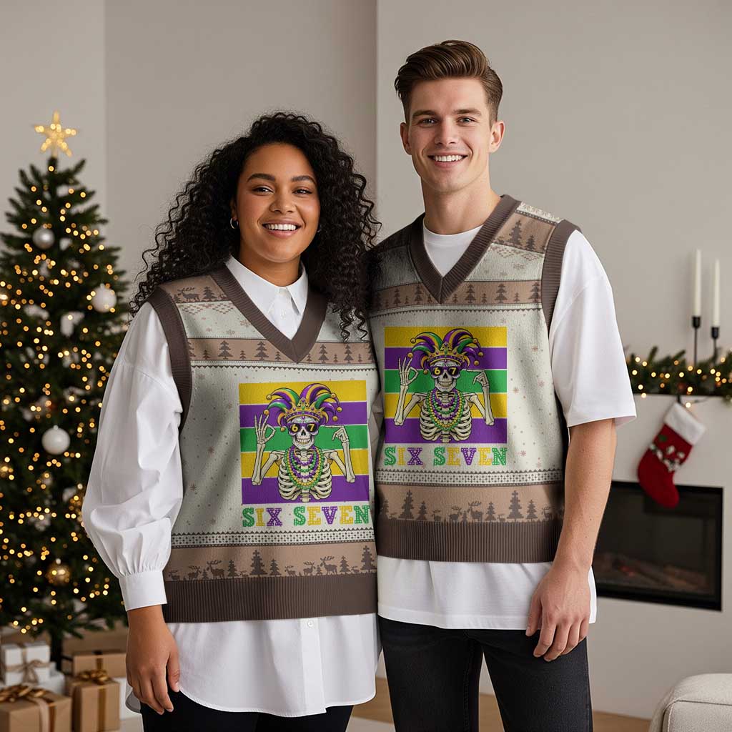 Funny Mardi Gras Skeleton V-Neck Knit Sweater Vest Six Seven Meme