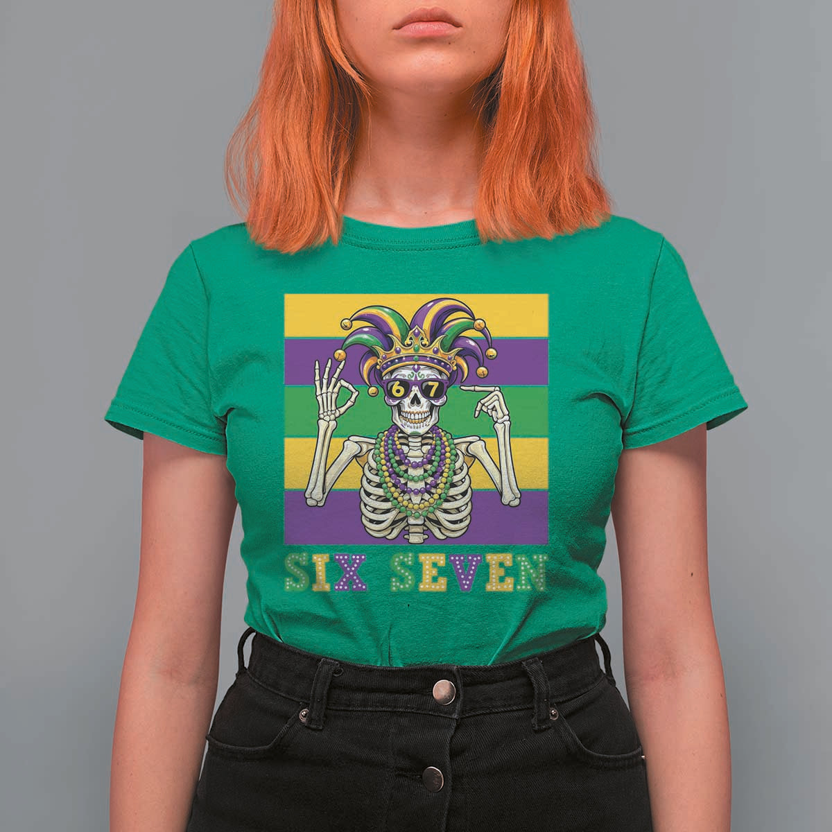 Funny Mardi Gras Skeleton T Shirt For Women Six Seven Meme