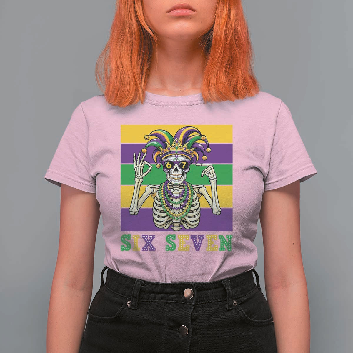 Funny Mardi Gras Skeleton T Shirt For Women Six Seven Meme