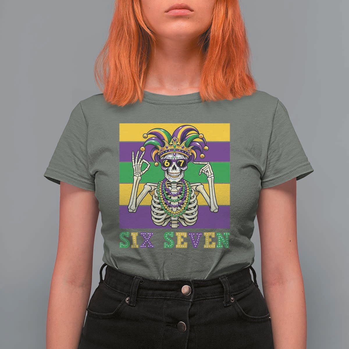 Funny Mardi Gras Skeleton T Shirt For Women Six Seven Meme
