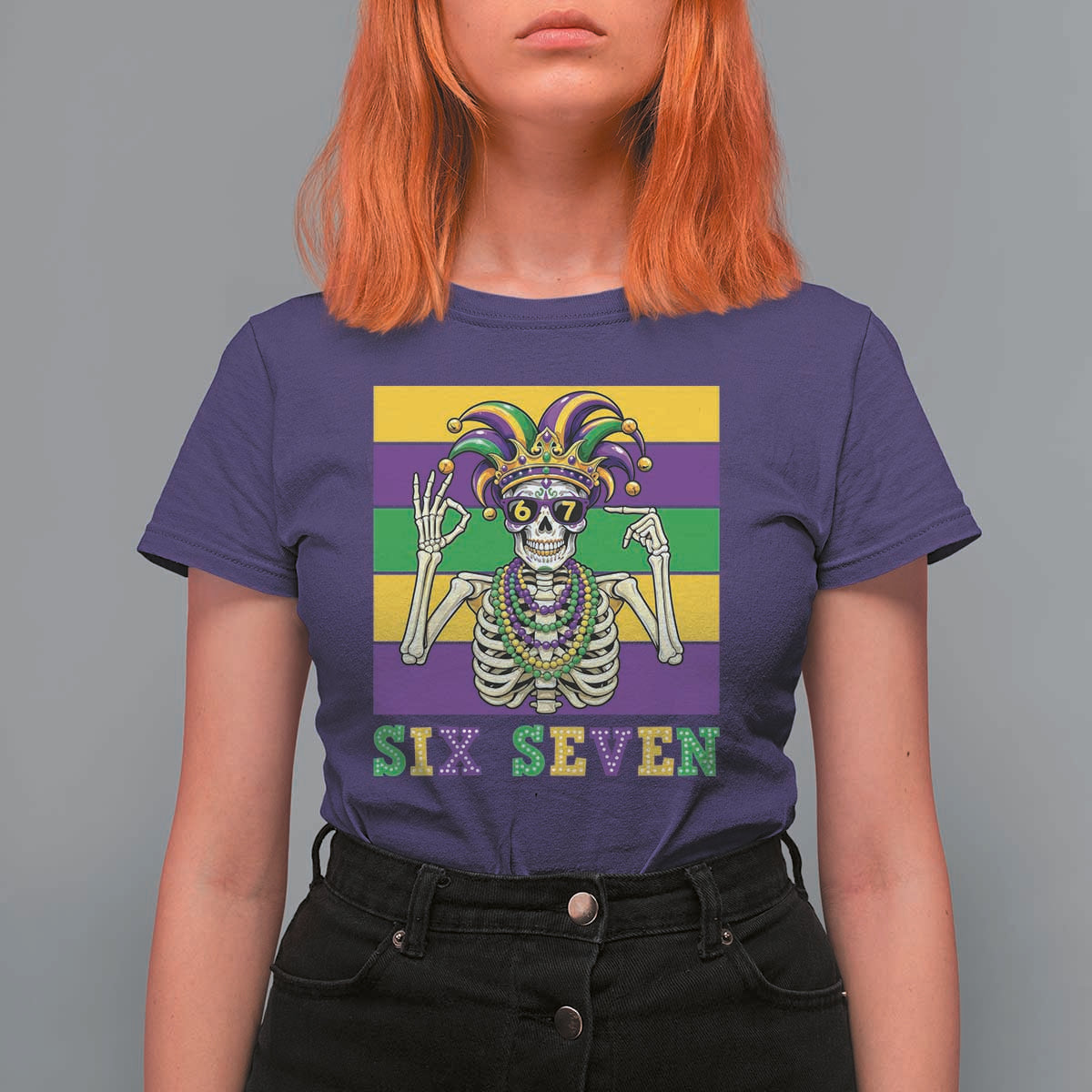 Funny Mardi Gras Skeleton T Shirt For Women Six Seven Meme