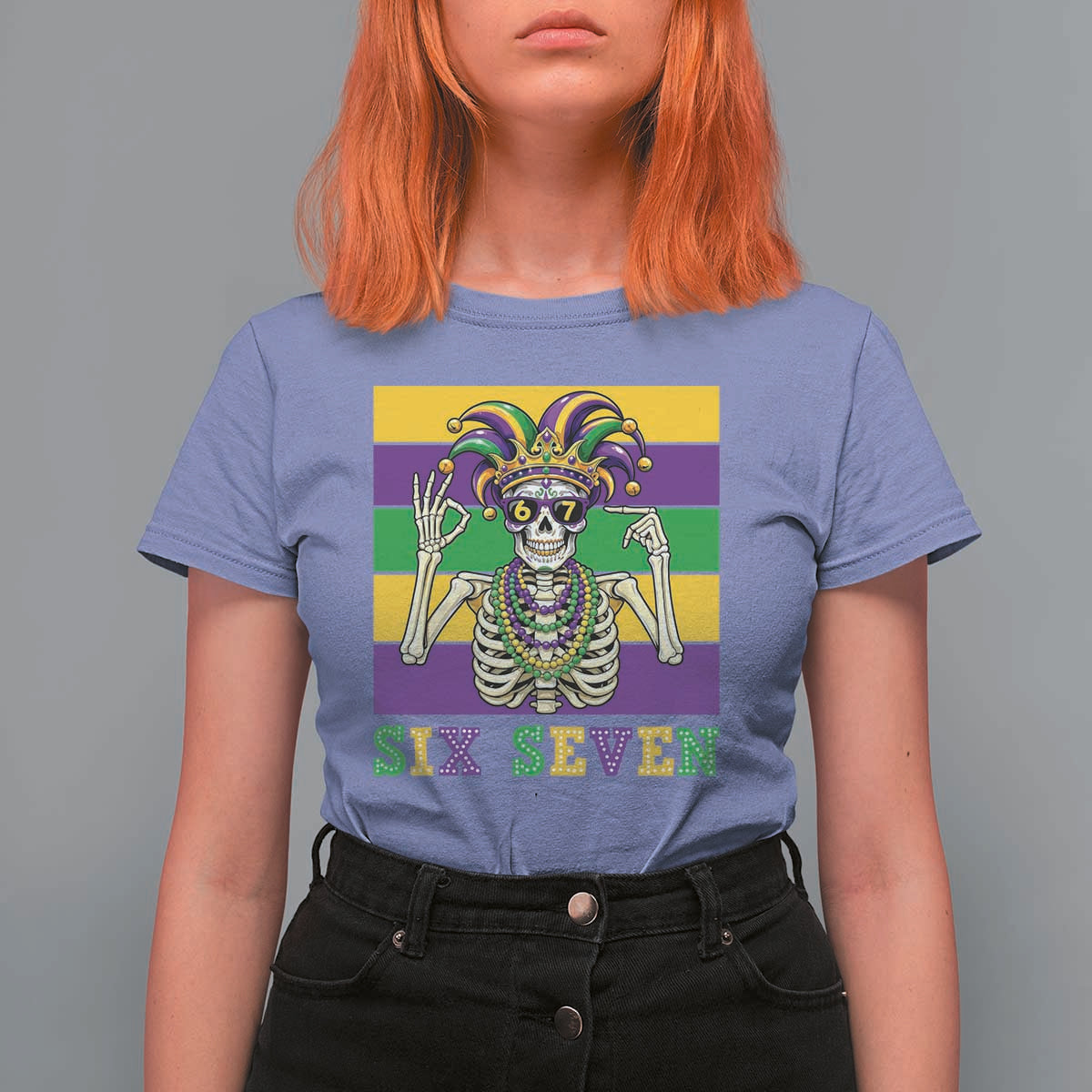 Funny Mardi Gras Skeleton T Shirt For Women Six Seven Meme