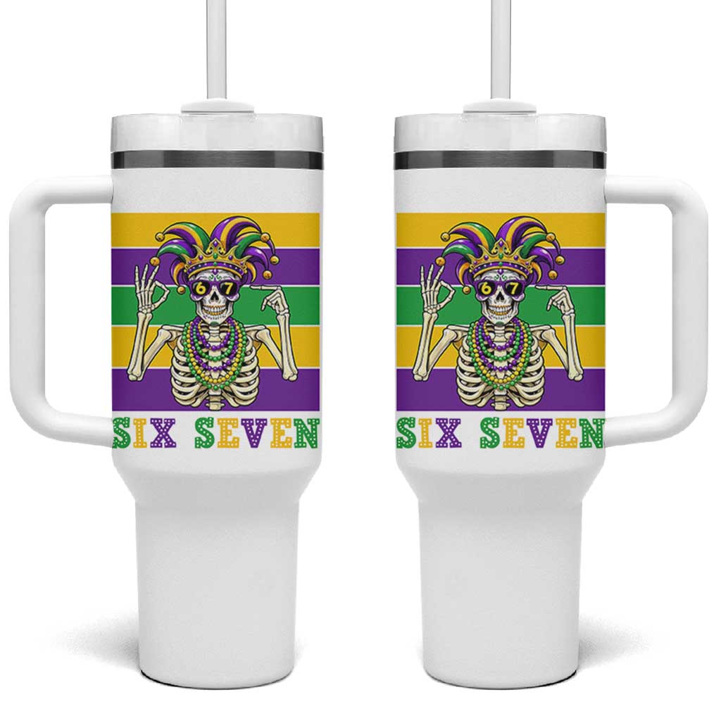 Funny Mardi Gras Skeleton Tumbler With Handle Six Seven Meme