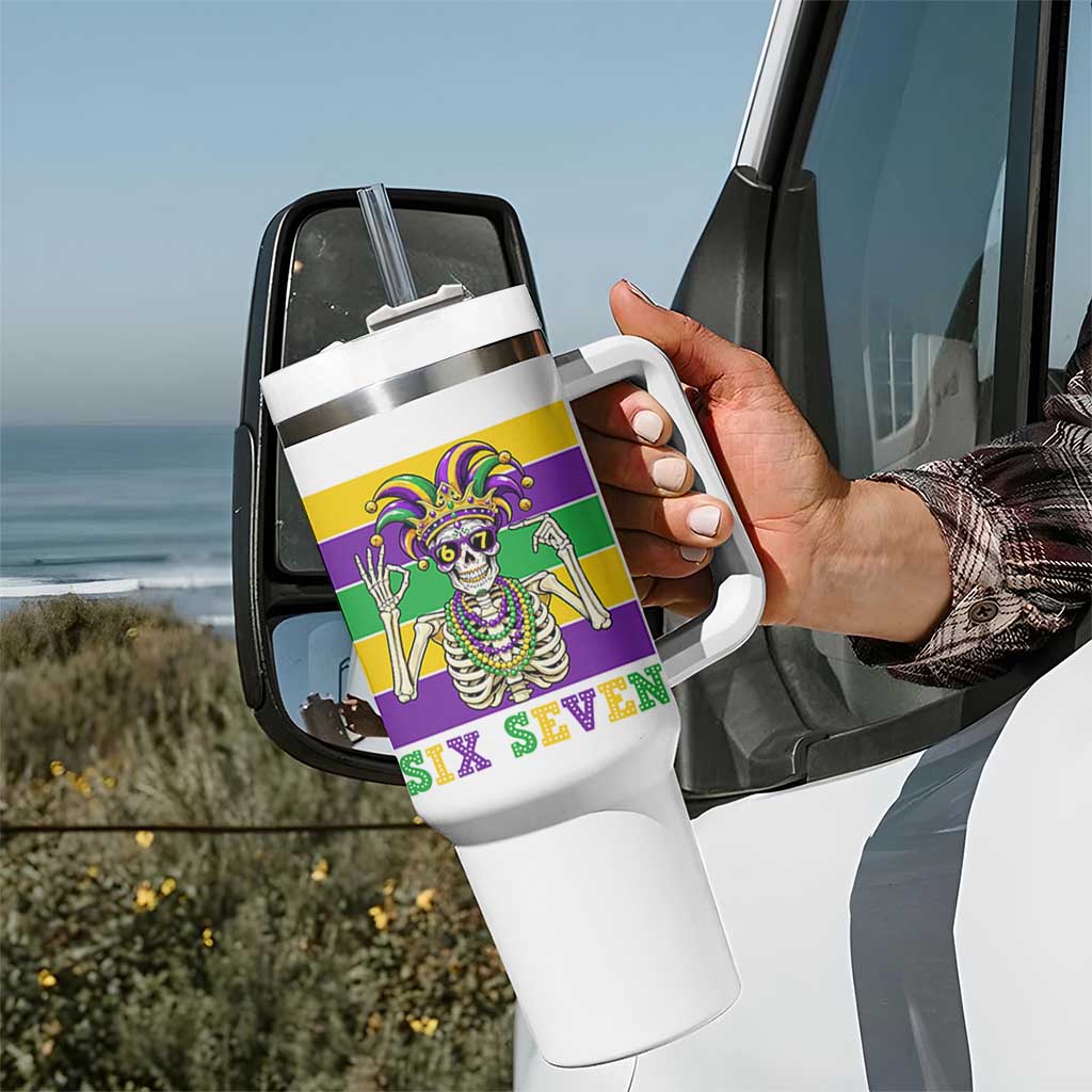 Funny Mardi Gras Skeleton Tumbler With Handle Six Seven Meme