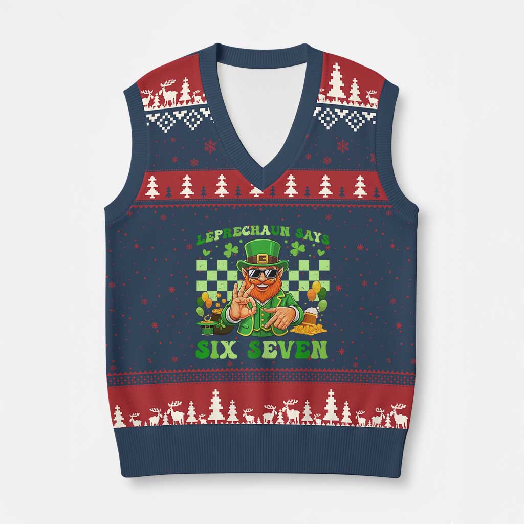 Funny Leprechaun Says Six Seven V-Neck Knit Sweater Vest St Patricks Day