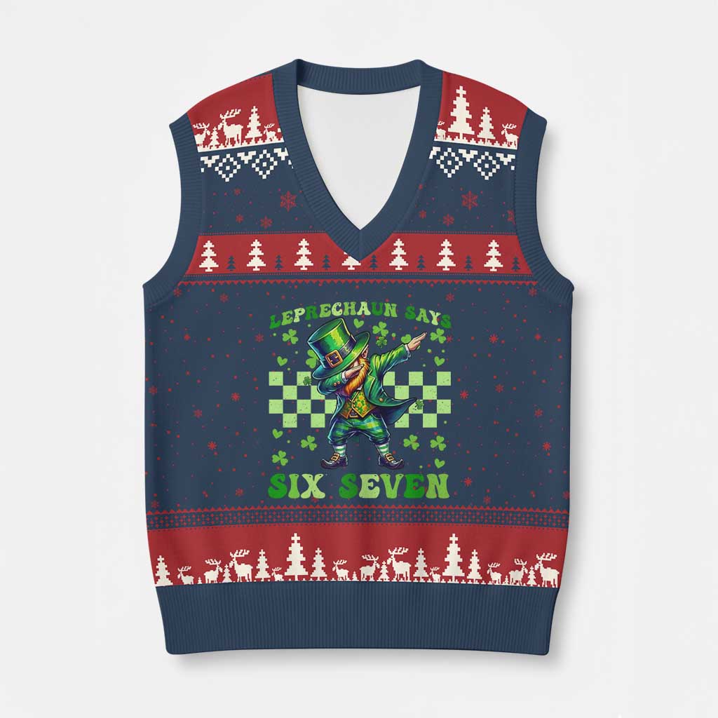 Leprechaun Six Seven Meme V-Neck Knit Sweater Vest Funny St Patricks Day Gift