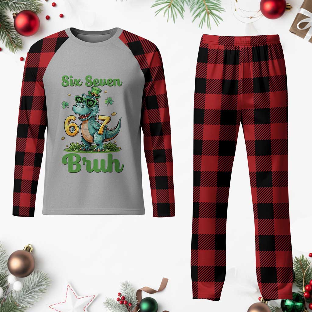 Funny Dinosaur Says Six Seven Plaid Pajama Set St Patricks Day