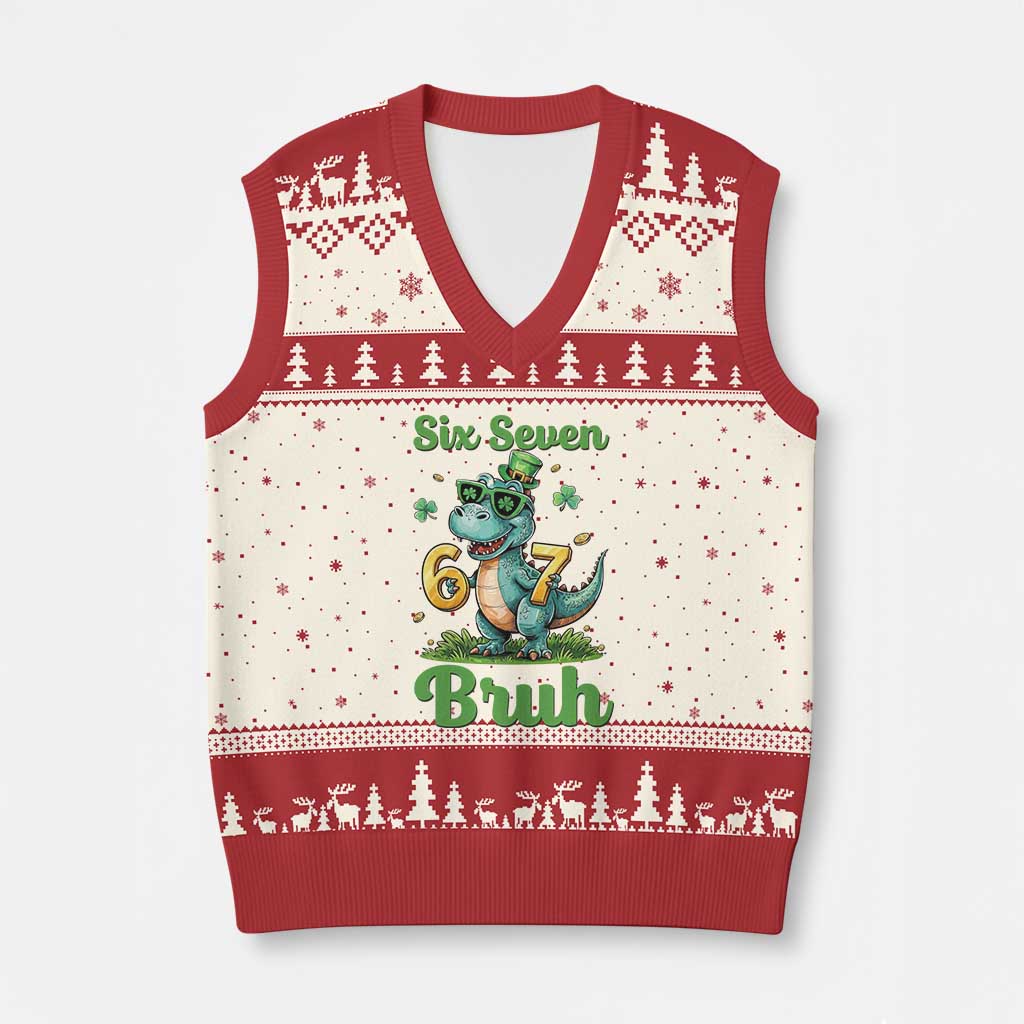 Funny Dinosaur Says Six Seven V-Neck Knit Sweater Vest St Patricks Day