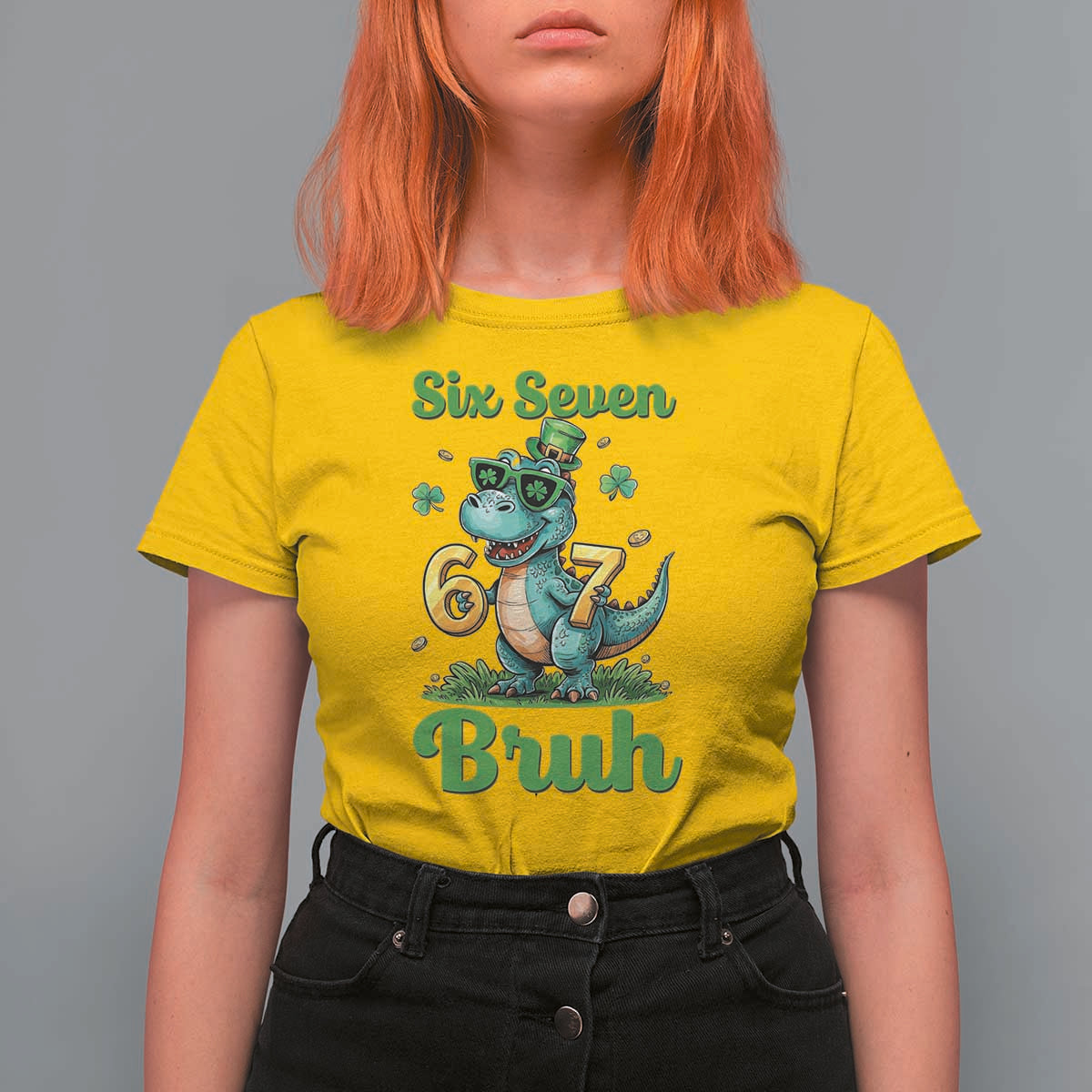 Funny Dinosaur Says Six Seven T Shirt For Women St Patricks Day