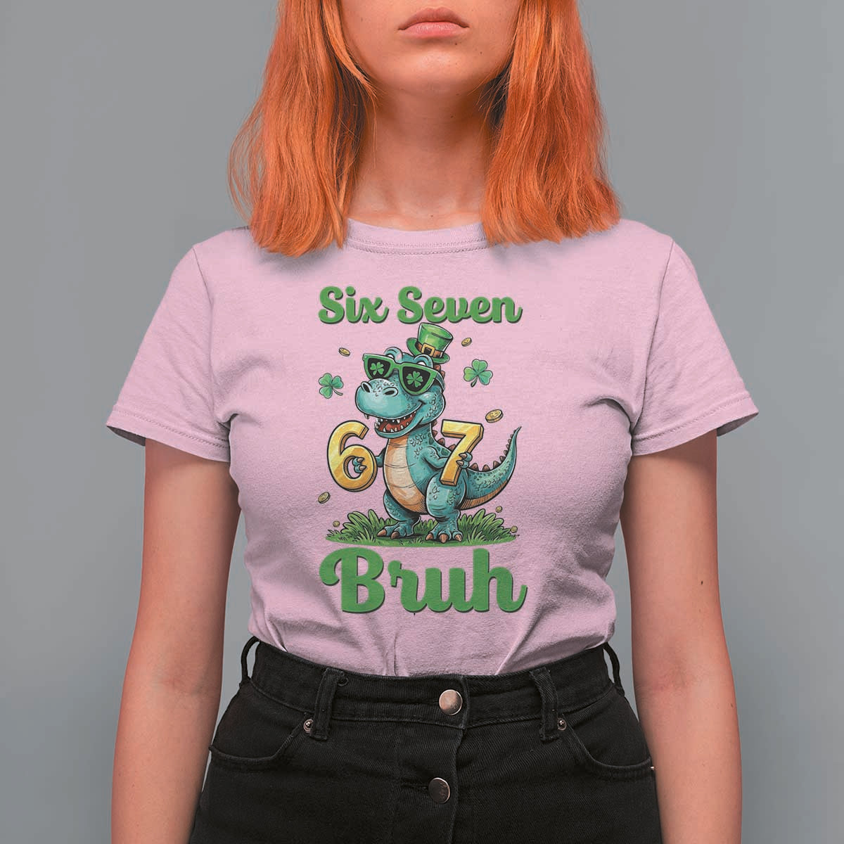 Funny Dinosaur Says Six Seven T Shirt For Women St Patricks Day