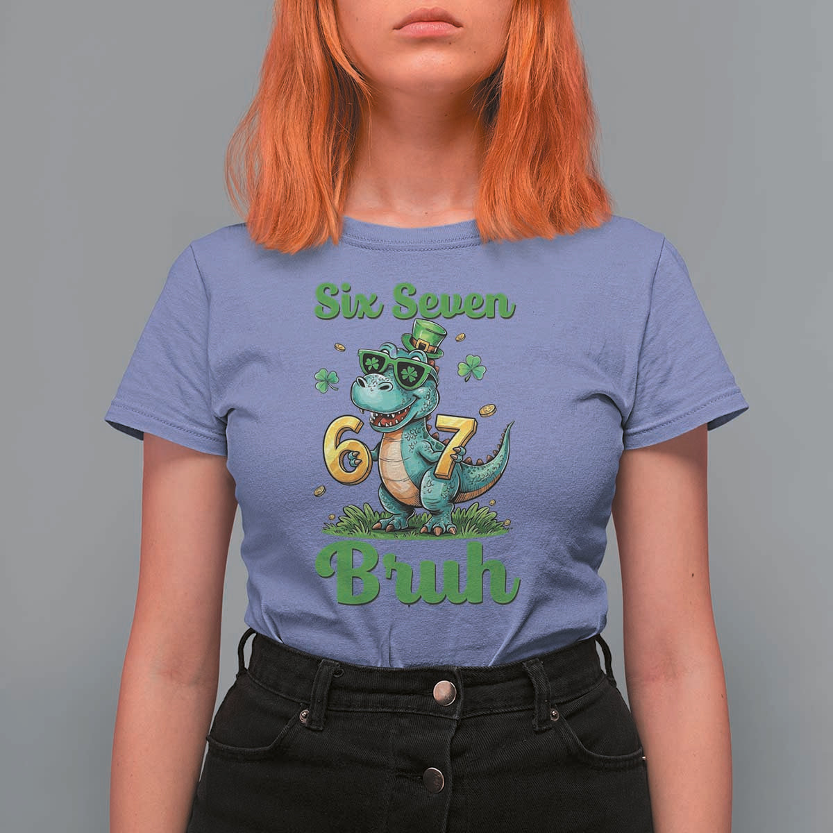 Funny Dinosaur Says Six Seven T Shirt For Women St Patricks Day