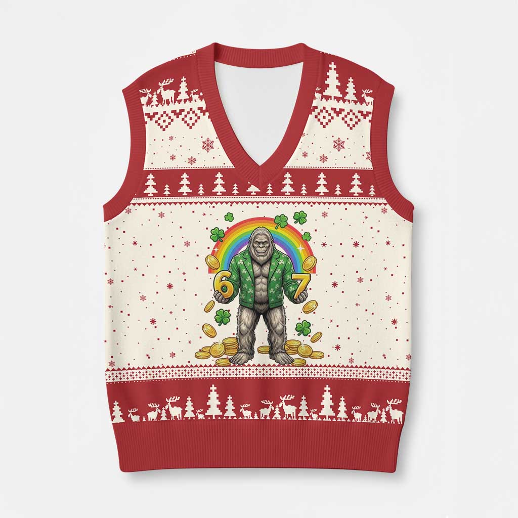 Bigfoot Six Seven Meme V-Neck Knit Sweater Vest Funny St Patricks Day Gift