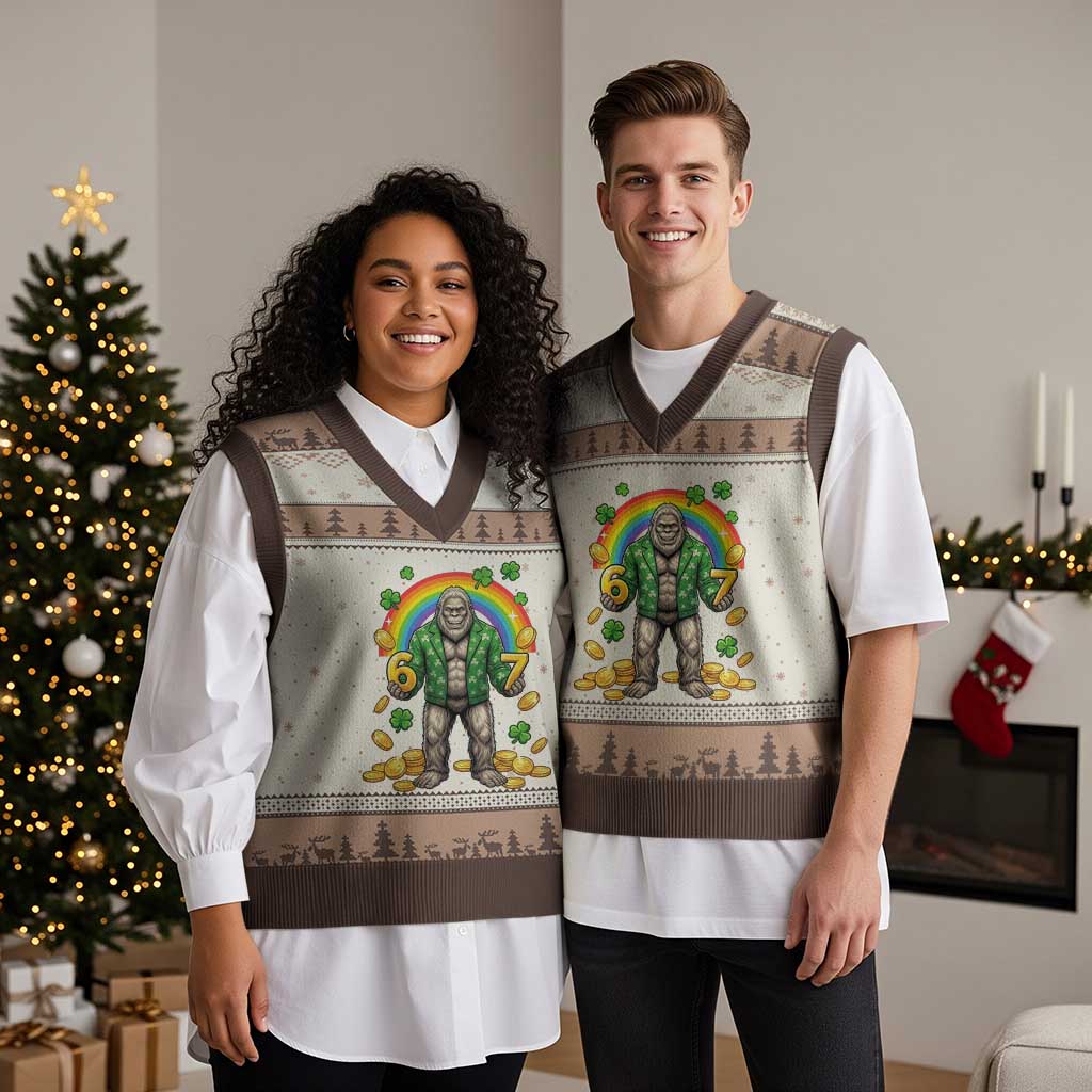 Bigfoot Six Seven Meme V-Neck Knit Sweater Vest Funny St Patricks Day Gift