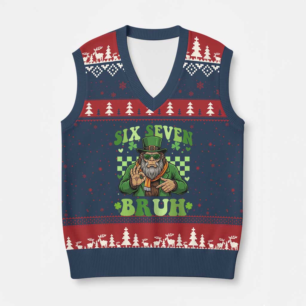 Bigfoot Six Seven Bruh V-Neck Knit Sweater Vest Gen Z Irish Gift