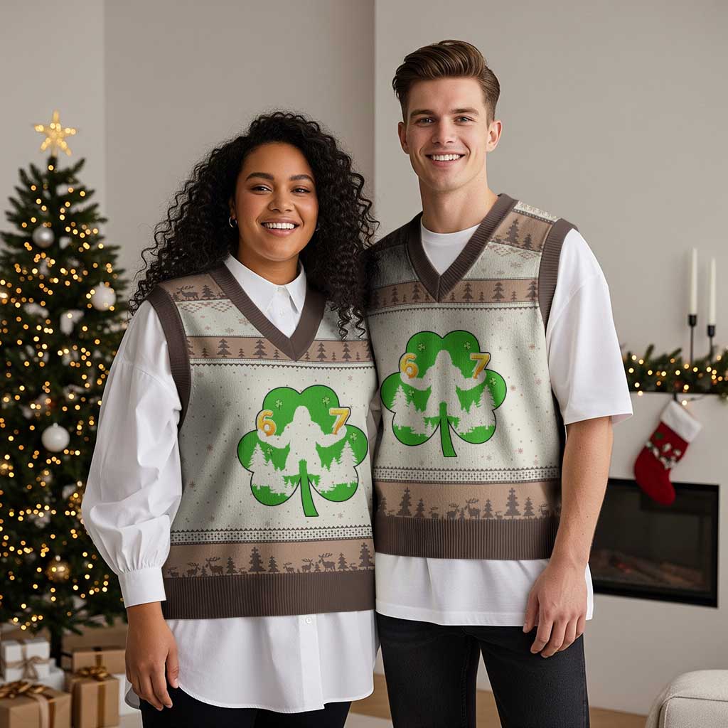 St Patricks Day Bigfoot Shamrock V-Neck Knit Sweater Vest Six Seven Meme