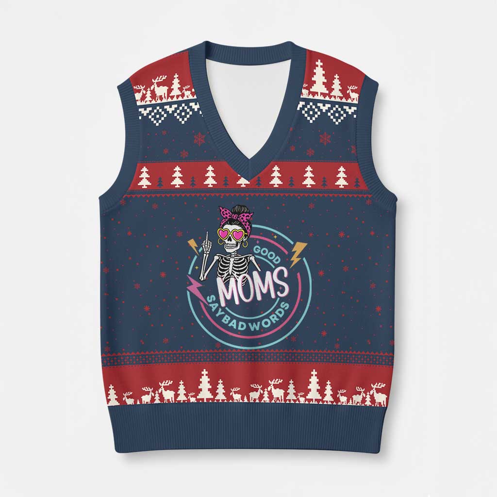Funny Skeleton Mom Graphic V-Neck Knit Sweater Vest Good Moms Say Bad Words