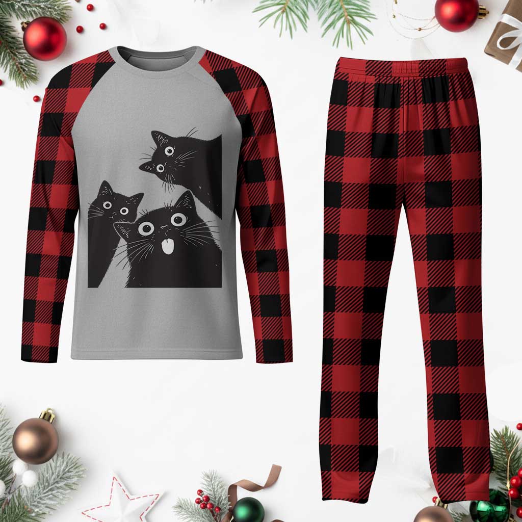 Funny Japanese Black Cat Is Watching You Plaid Pajama Set Cat Lover