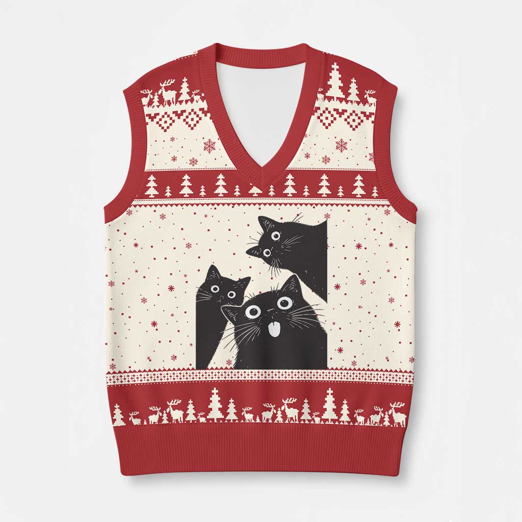 Funny Japanese Black Cat Is Watching You V-Neck Knit Sweater Vest Cat Lover