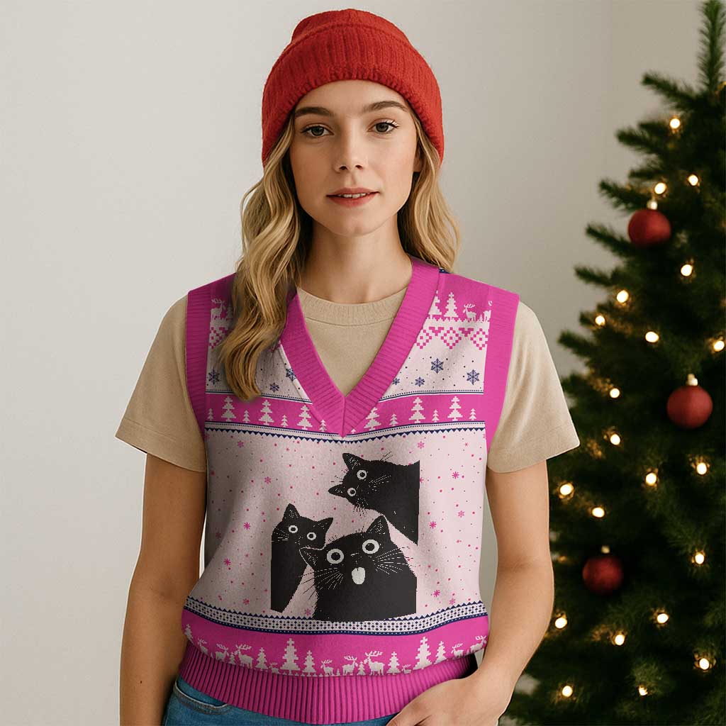 Funny Japanese Black Cat Is Watching You V-Neck Knit Sweater Vest Cat Lover
