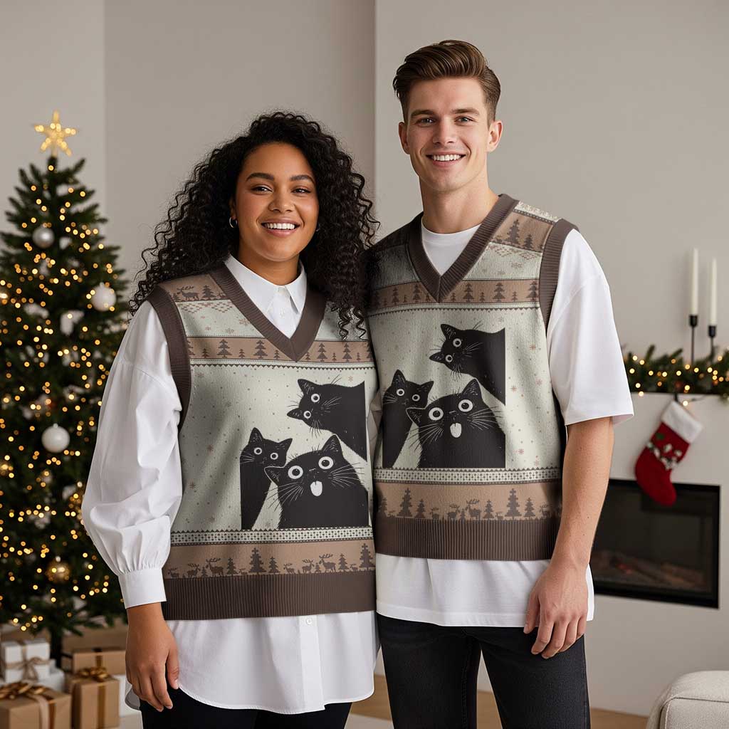 Funny Japanese Black Cat Is Watching You V-Neck Knit Sweater Vest Cat Lover
