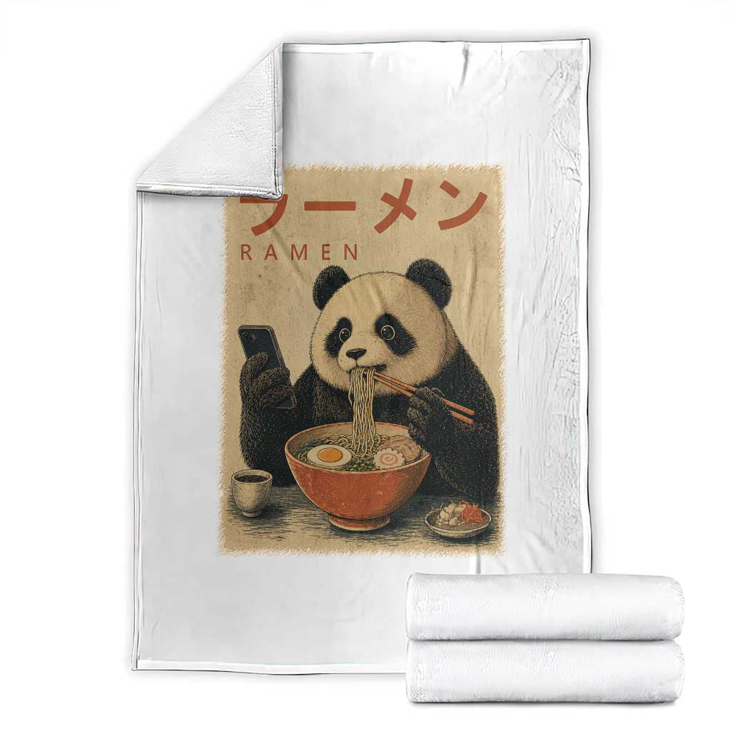 Funny Panda Eating Ramen Scrolling Phone Throw Blanket Japanese Art Aesthetic