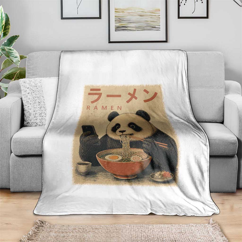 Funny Panda Eating Ramen Scrolling Phone Throw Blanket Japanese Art Aesthetic